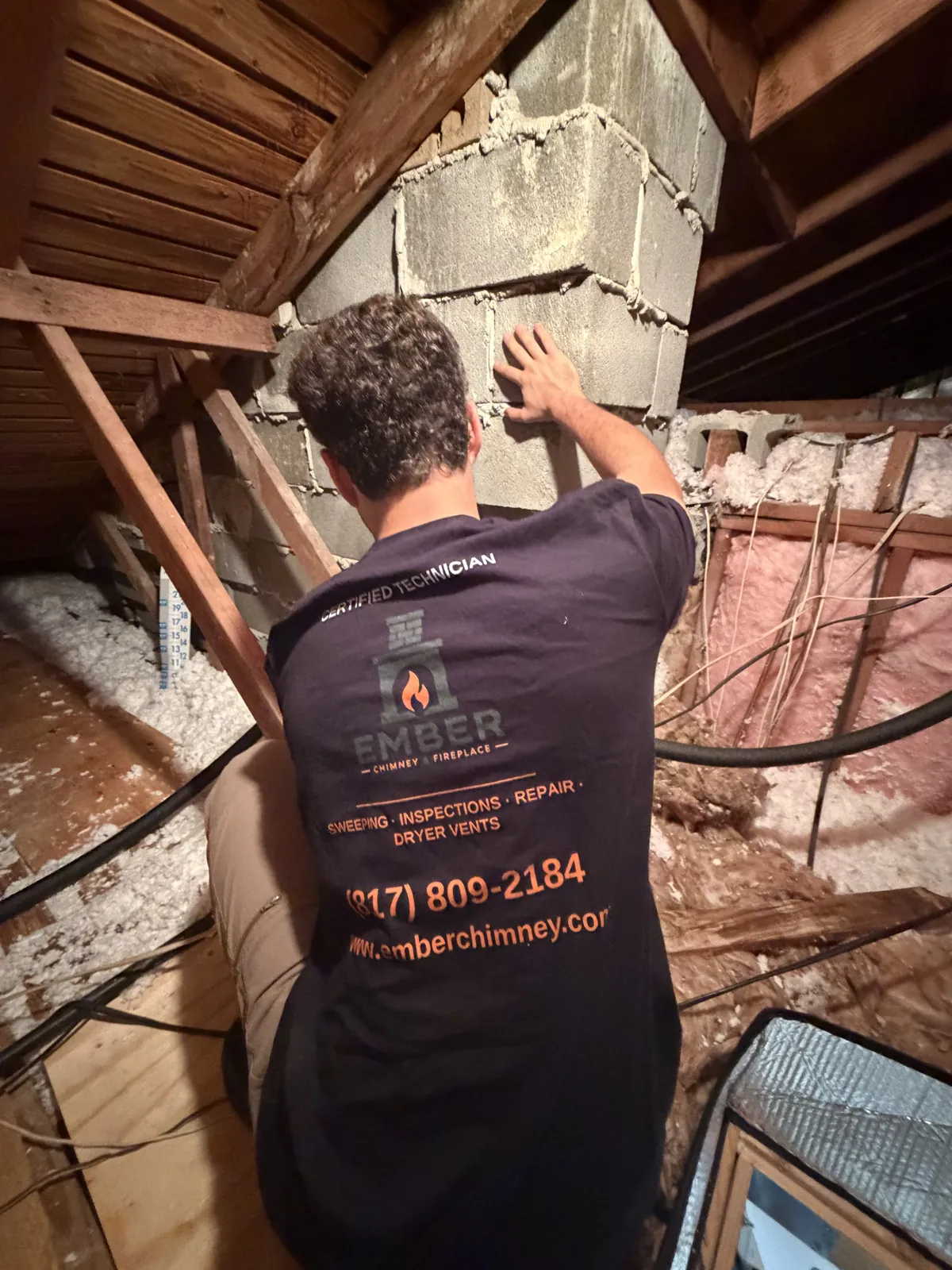 Ember technician inspecting a chimney chase in the attic