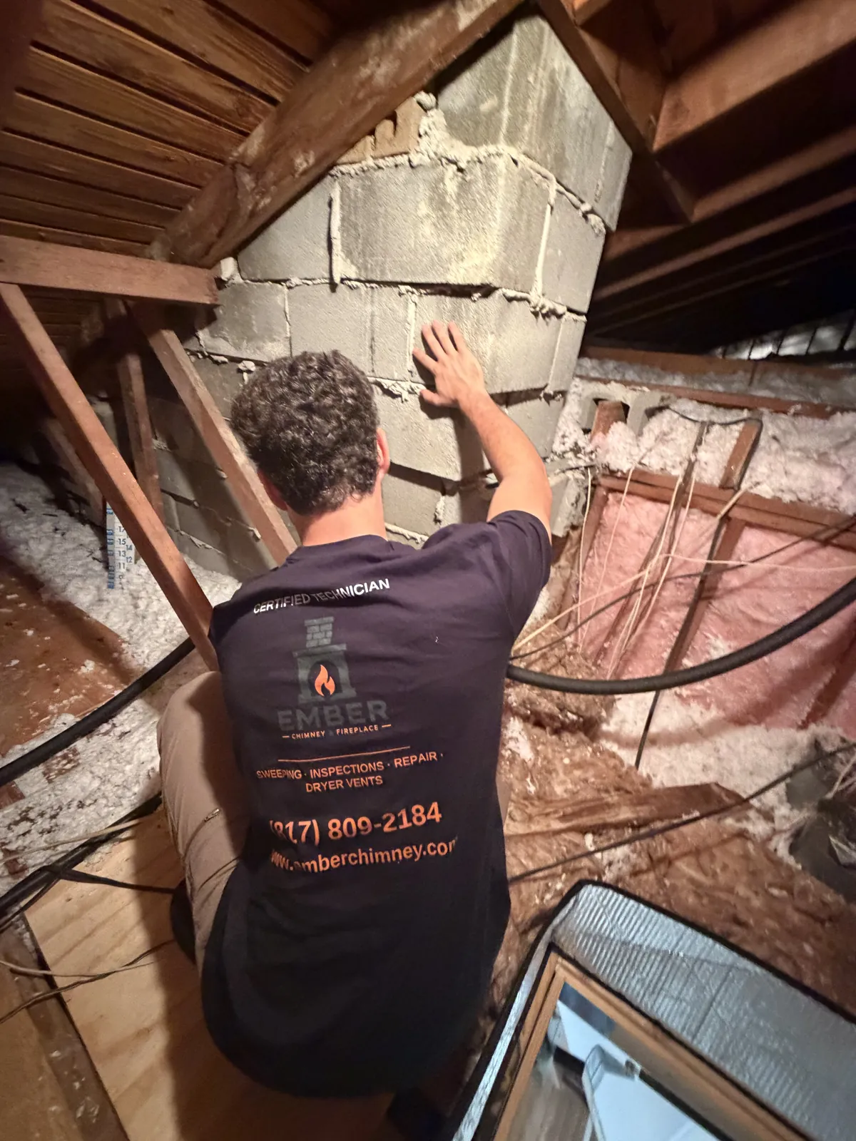 Ember technician checking masonry in an attic chimney