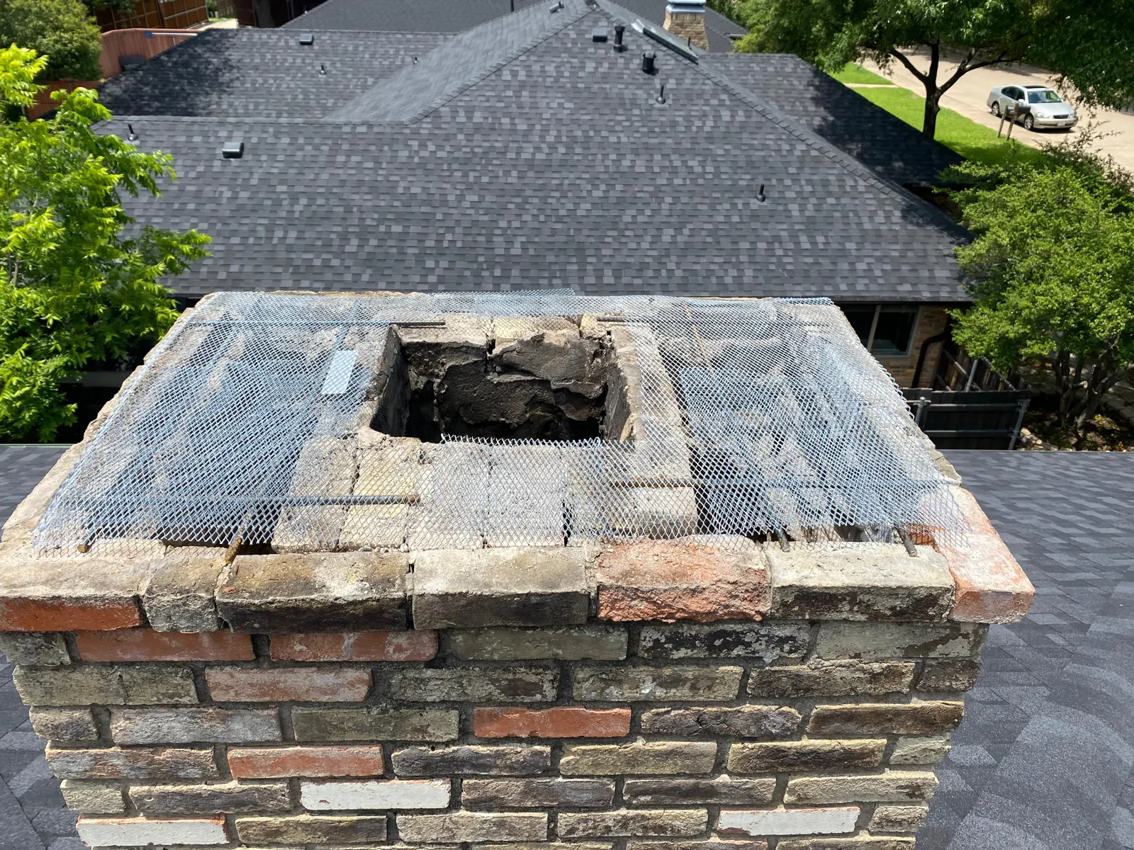 Open flue on a brick chimney
